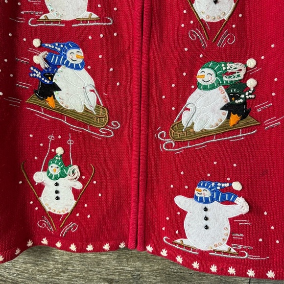 Vintage 90s Heirloom Christmas Snowman Cardigan Skiing Sleigh Riding Fun Size XL - Picture 4 of 11
